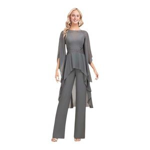 Light Grey Flutter Sleeves Jumpsuit Pants suit Romper with lace appliqué NWT